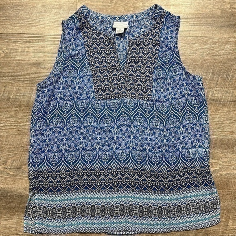 Liz Claiborne sleeveless sheer blue floral tunic top size medium